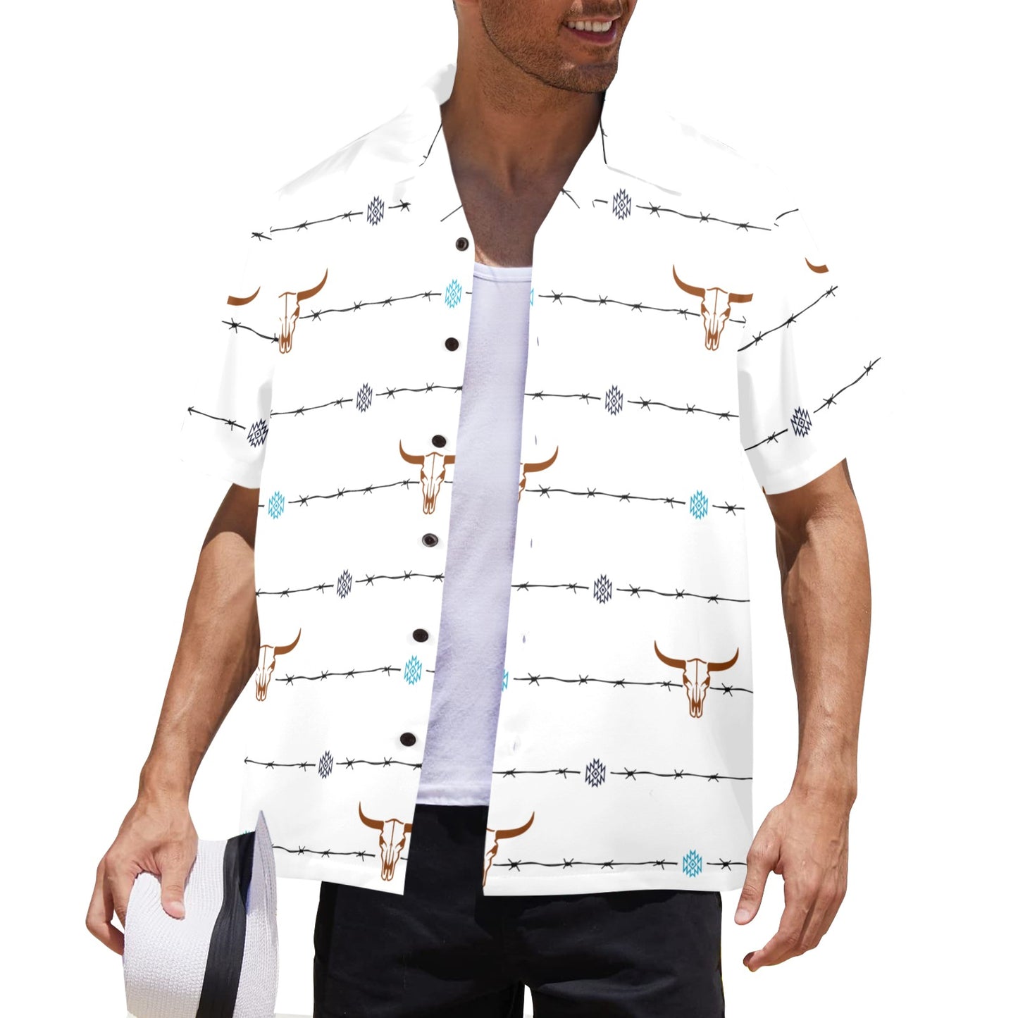 Baha Ranch White Bullhead Aztec Hawaiian Shirt Made in America