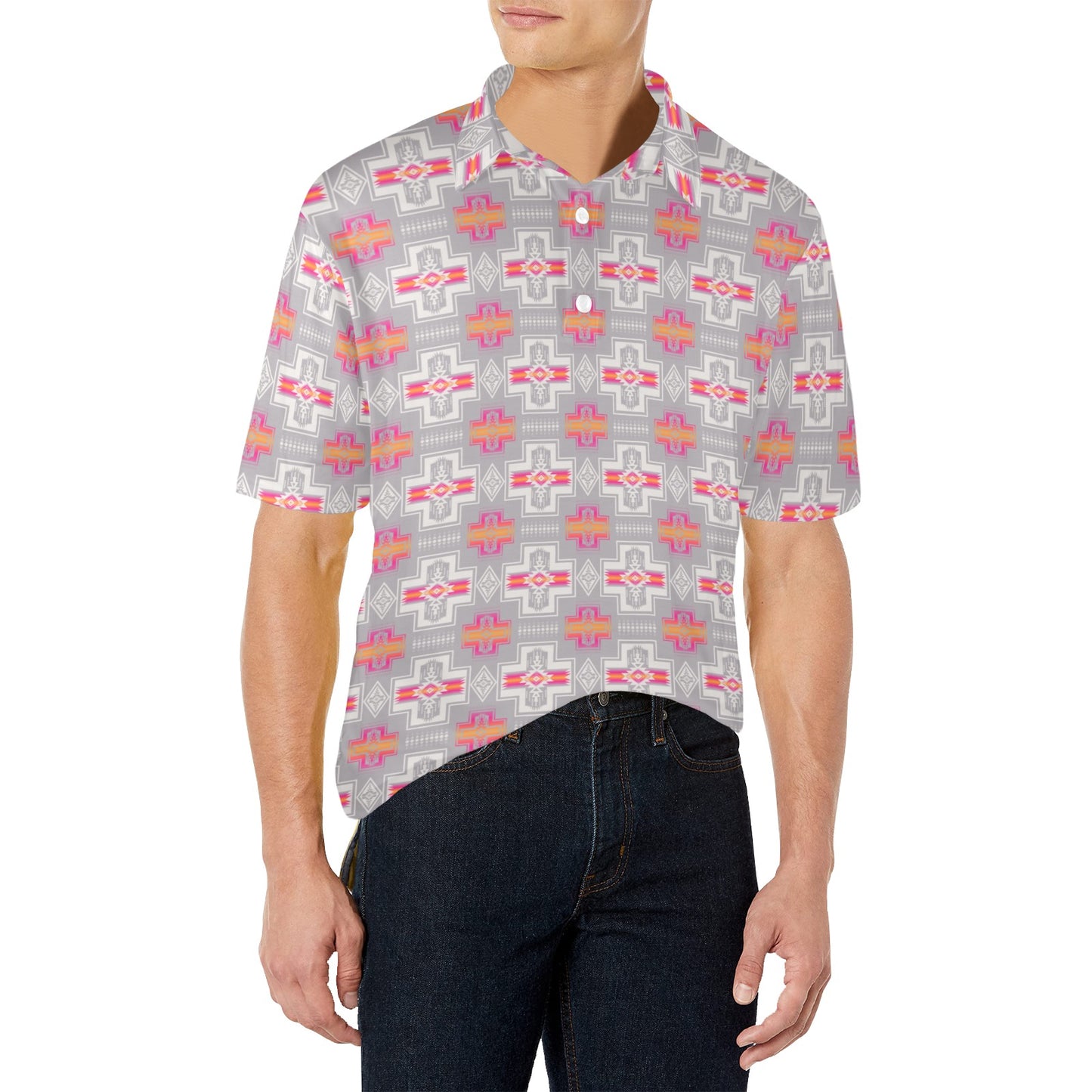 Gray Pink Fire Aztec Men's Polo Shirt