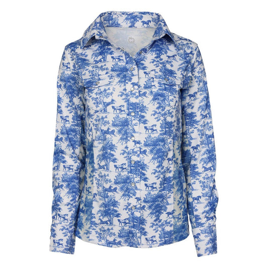 Dapplebay Equestrian Toile Button Down Western Shirt-Blue/White