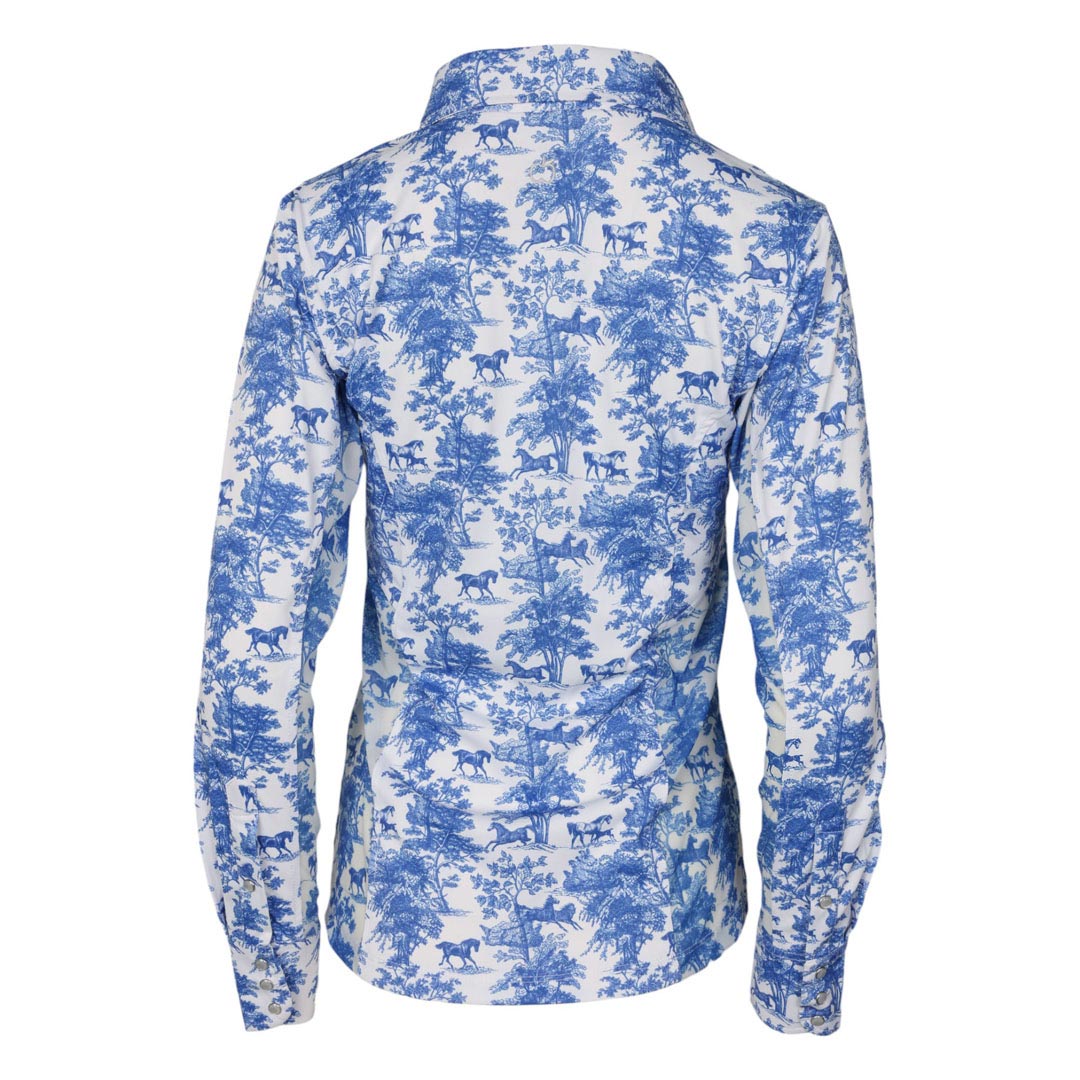 Dapplebay Equestrian Toile Button Down Western Shirt-Blue/White