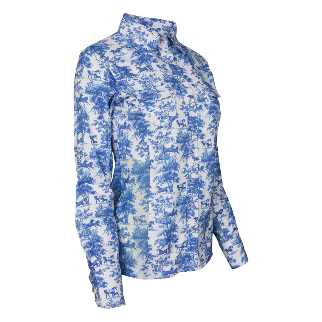 Dapplebay Equestrian Toile Button Down Western Shirt-Blue/White