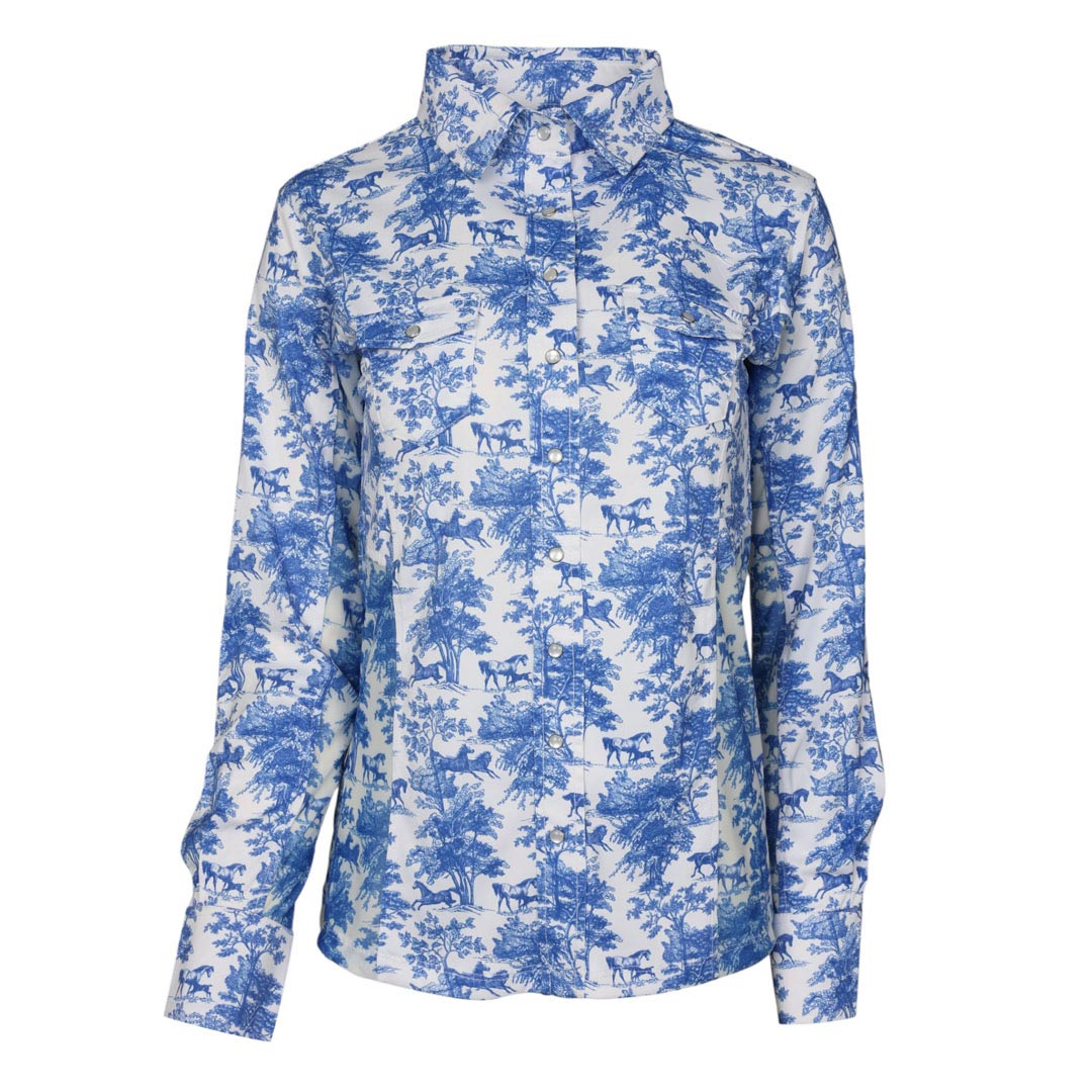 Dapplebay Equestrian Toile Button Down Western Shirt-Blue/White