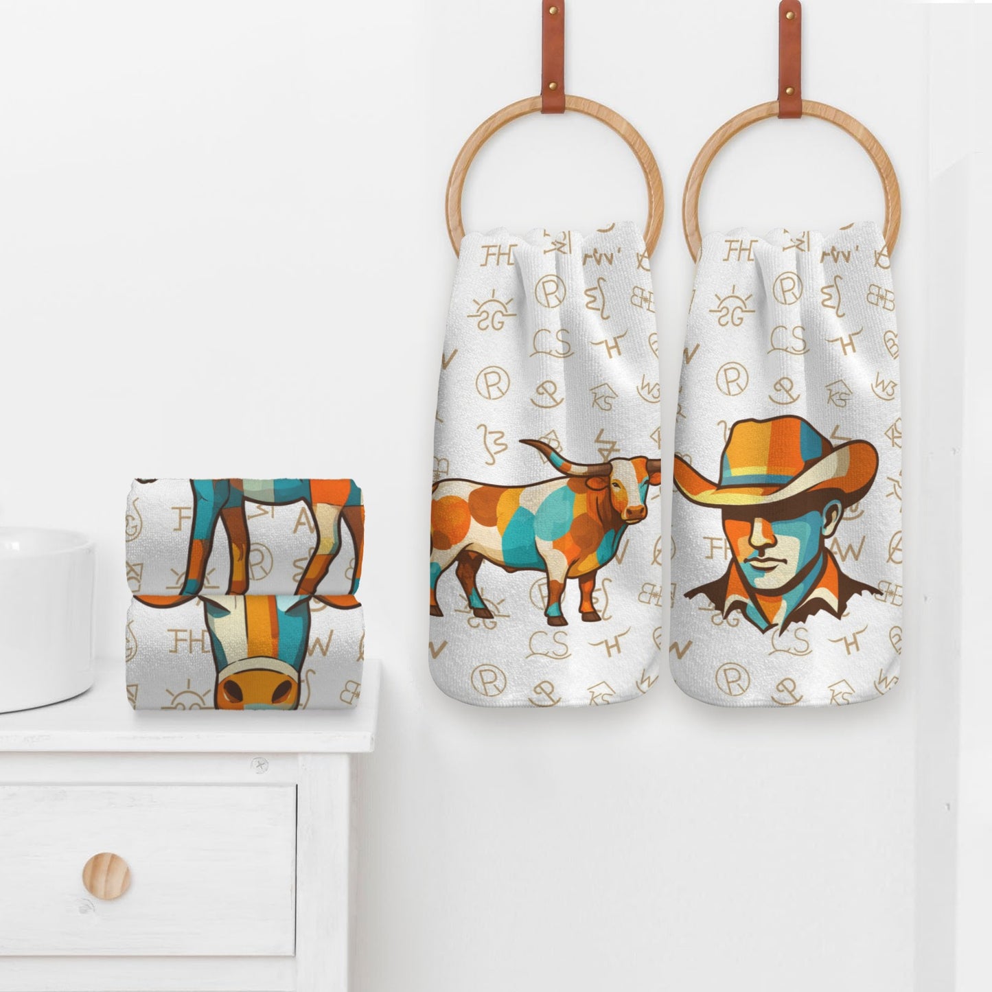 Set of 4 Minimalistic Cowboy Western Cattle Brands Kitchen Towels Made in America