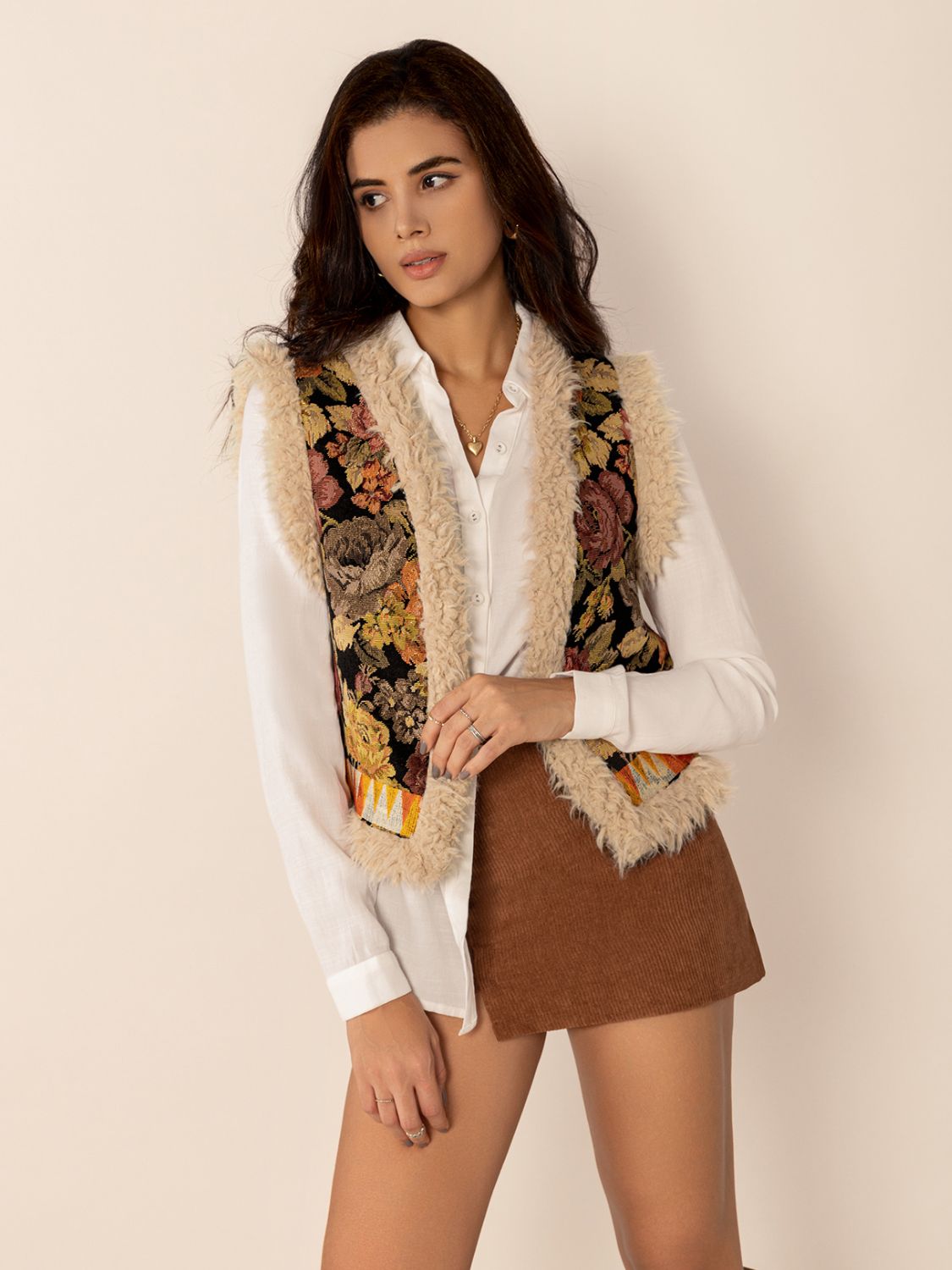 Floral Tapestry Faux Fur Trim Vest