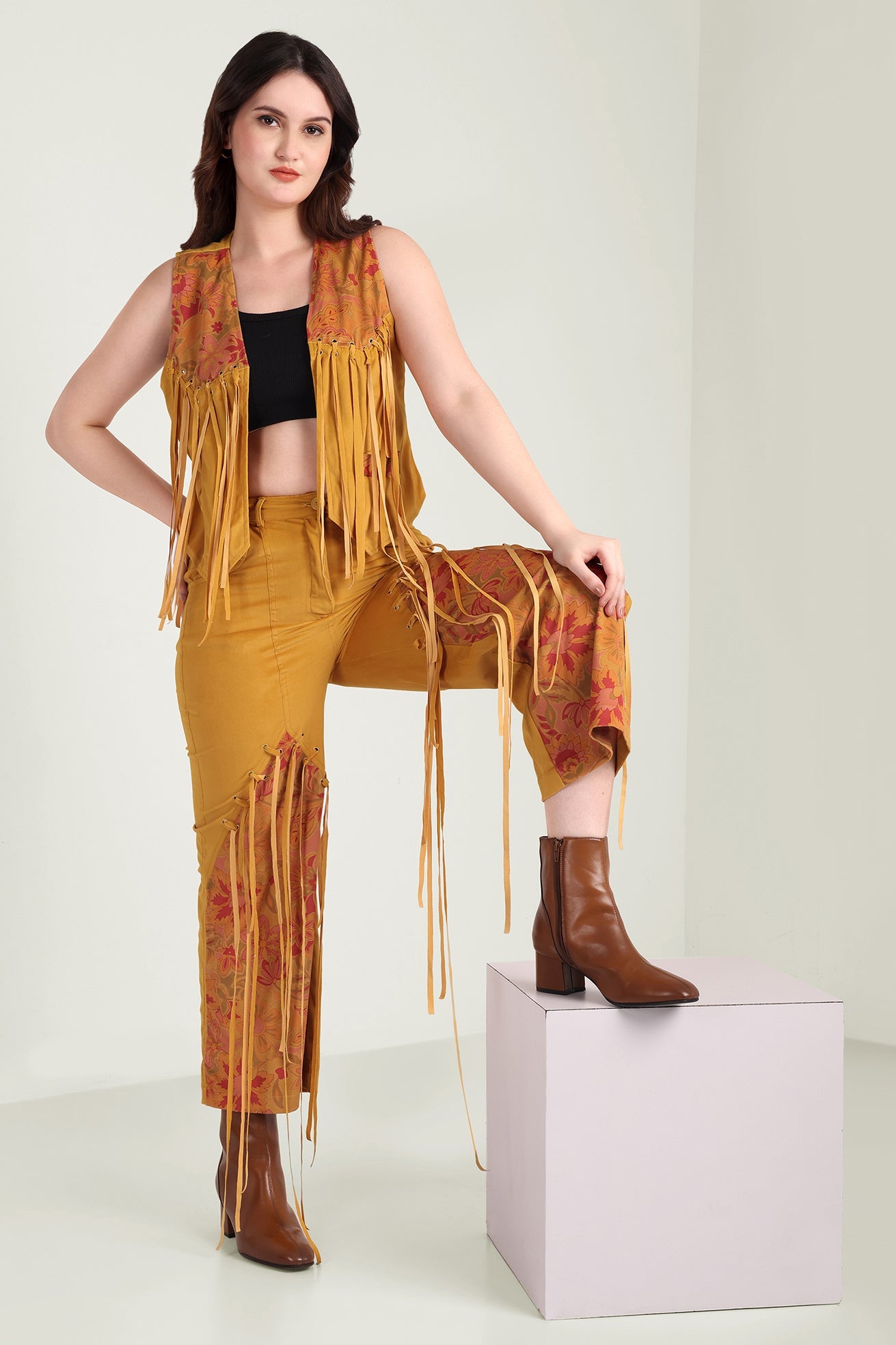 Myra The Jolene Fringe Two Piece Set in Saddle Gold