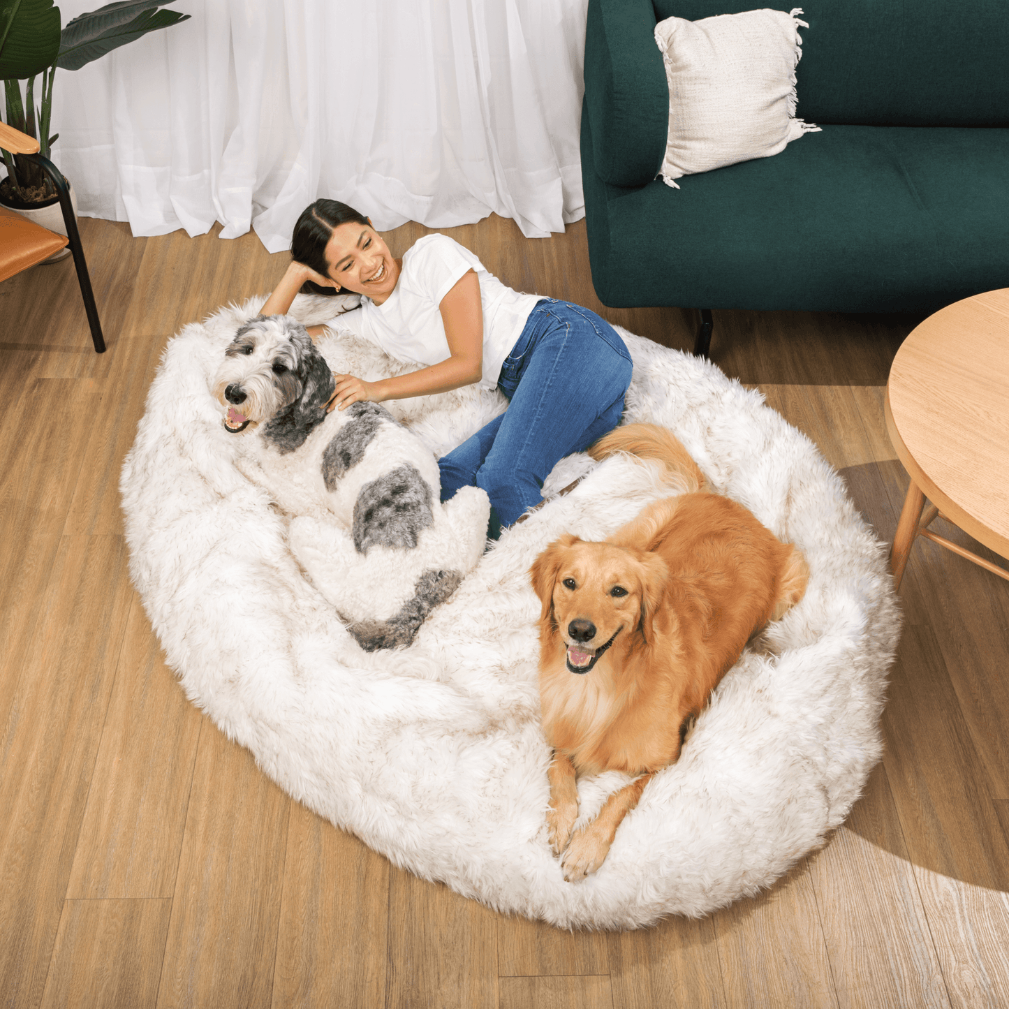 PupCloud™ Human-Size Dog Bed + Matching Waterproof Blanket Bundle - White with Brown Accents