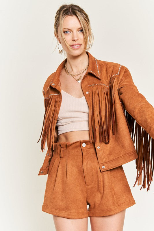 Calamity Jane Faux Suede Studded Fringe Jacket  Brown or Black