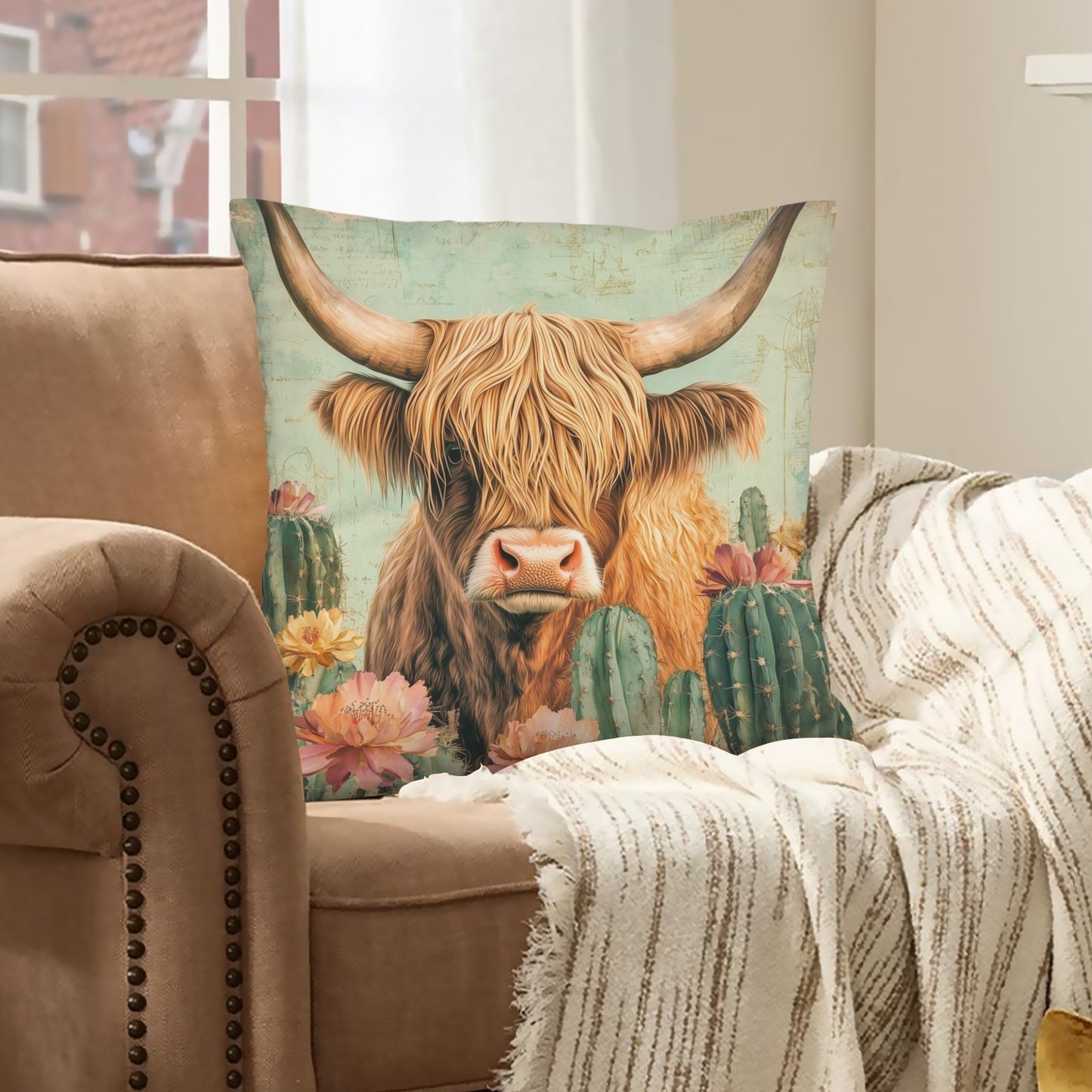 Baha Ranch Cactus Highland Velvety Soft Throw Pillow Case Made in America