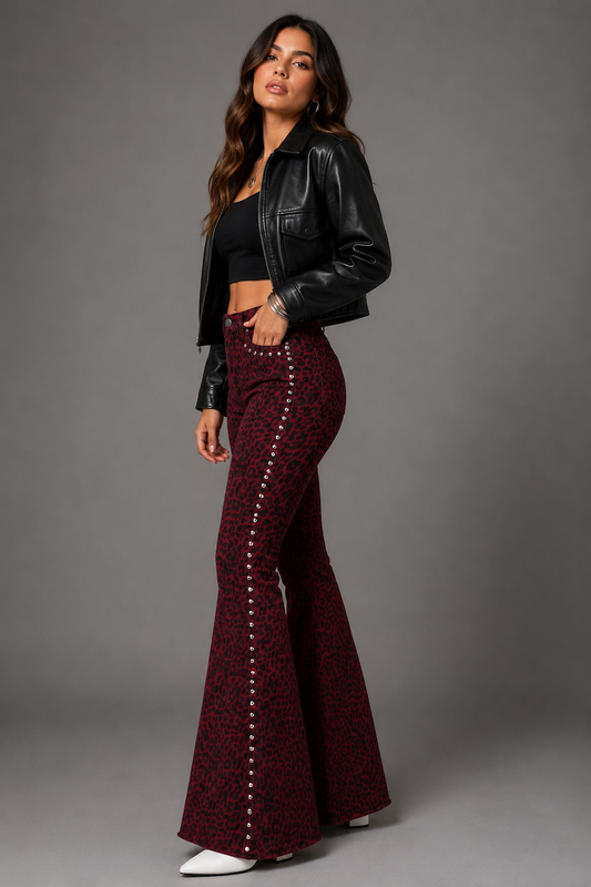 GJG Studded Leopard Print Bell Bottom Pant in Wine