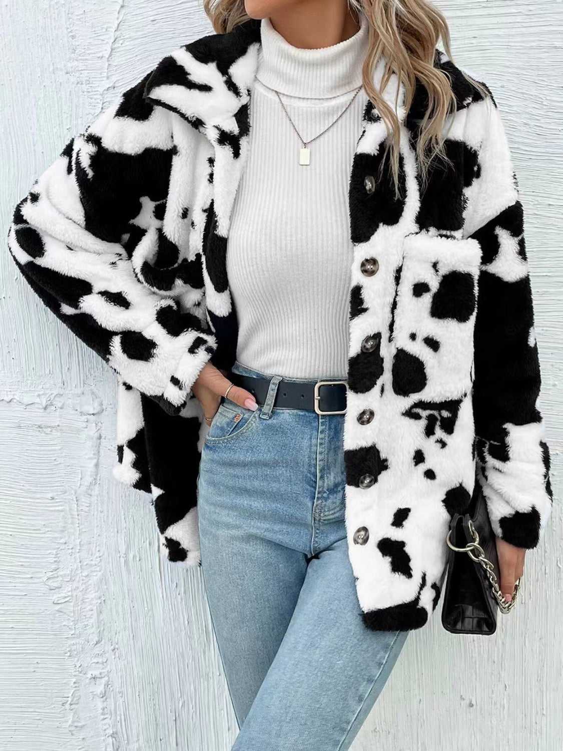 Cow Print Button Up Fuzzy Jacket choice of colors