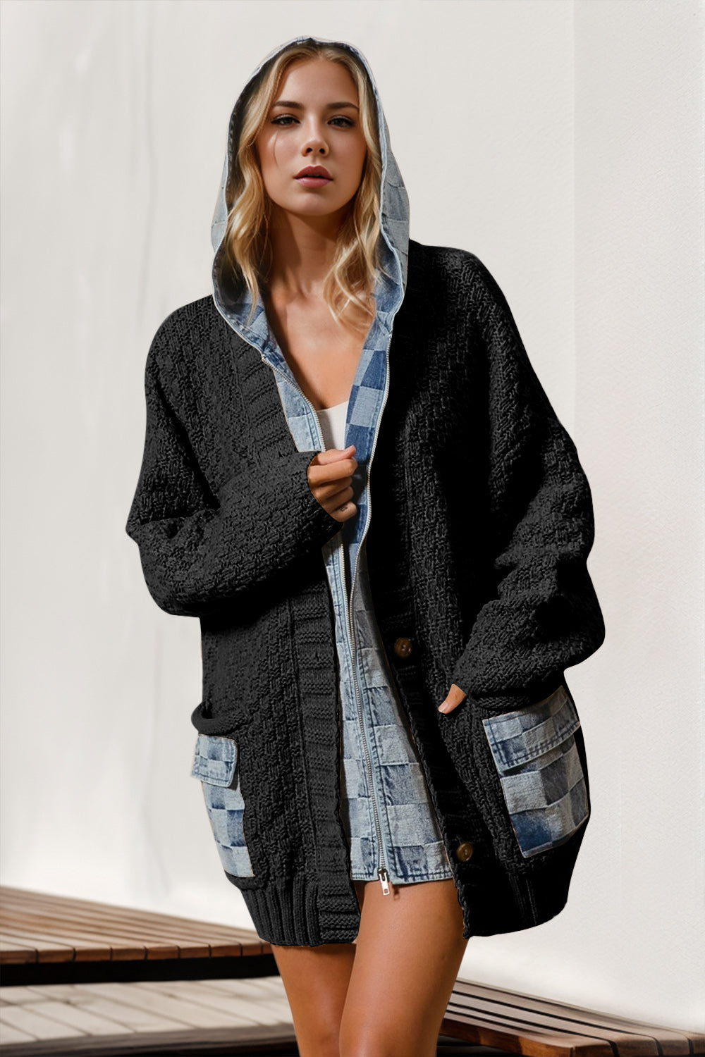 Double Take Full Size Hooded Denim Spliced Sweater Cardigan Choice of colors