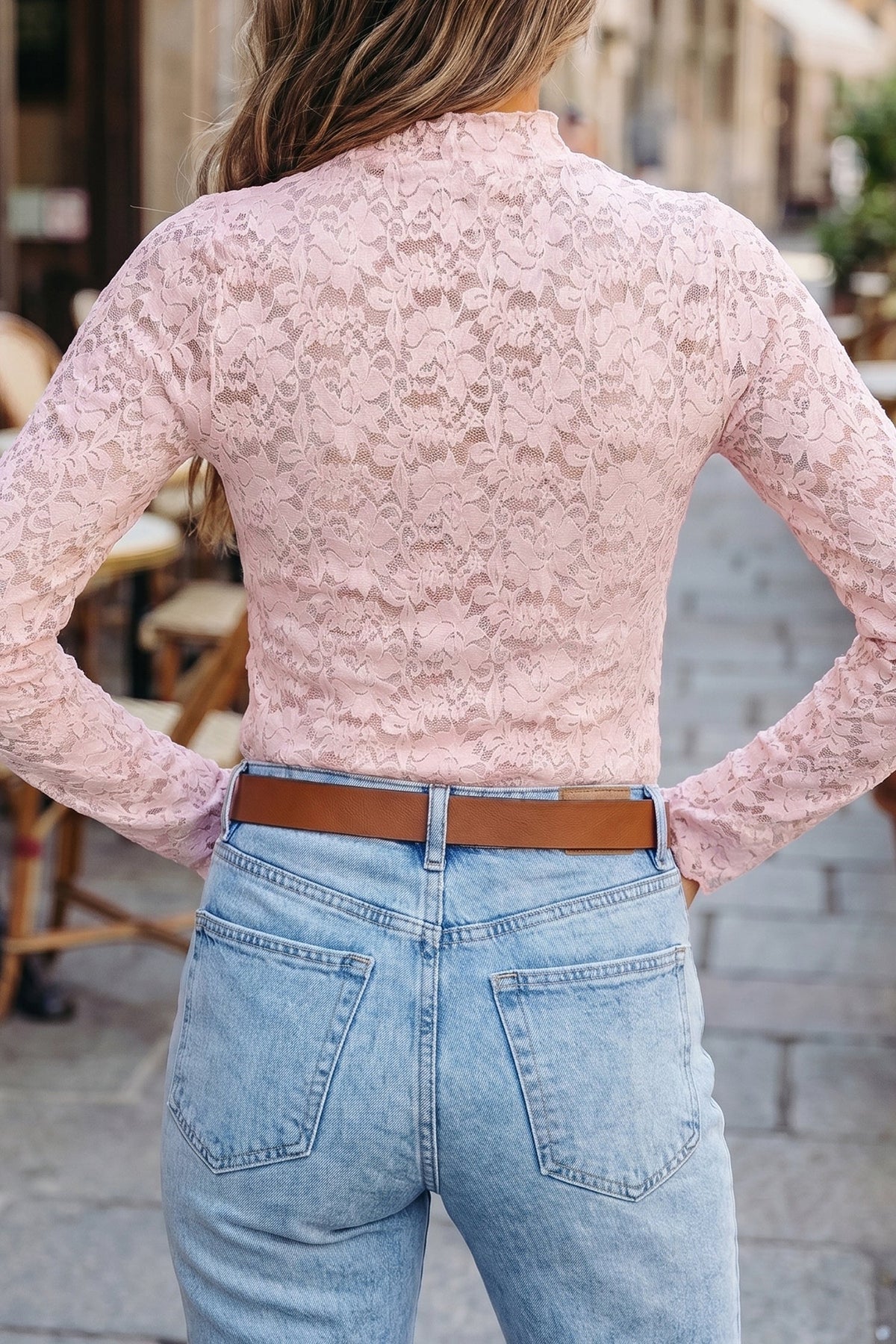Floral Lace Long Sleeve Stand Neck Pullover Top