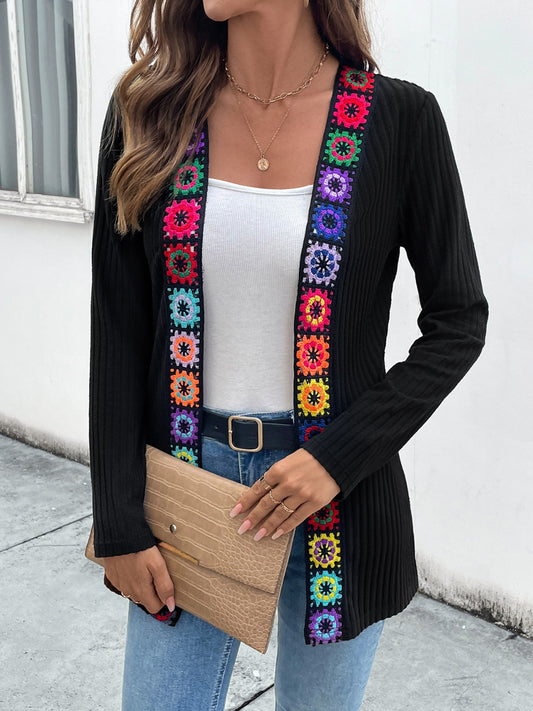 Crocheted Detail Open Front Long Sleeve Cardigan