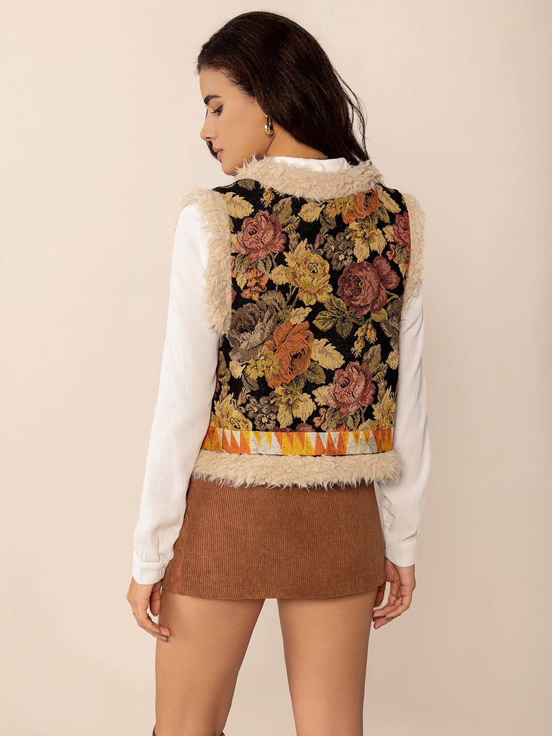 Floral Tapestry Faux Fur Trim Vest