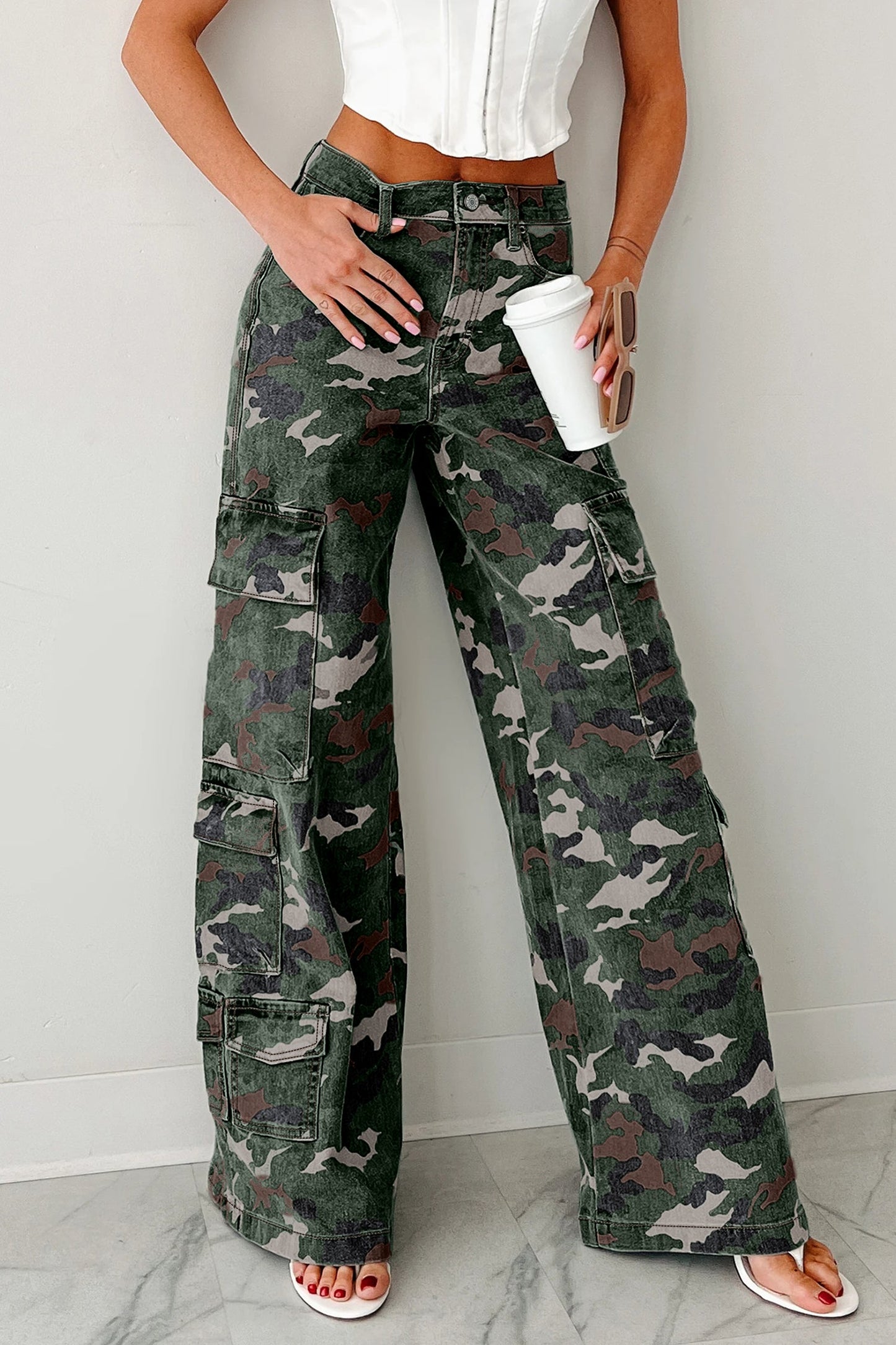 Camo Denim Cargo Wide Leg Pants choice of colors