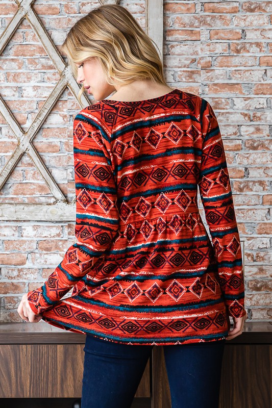 Aztec Button Detail Long Sleeve Babydoll Top