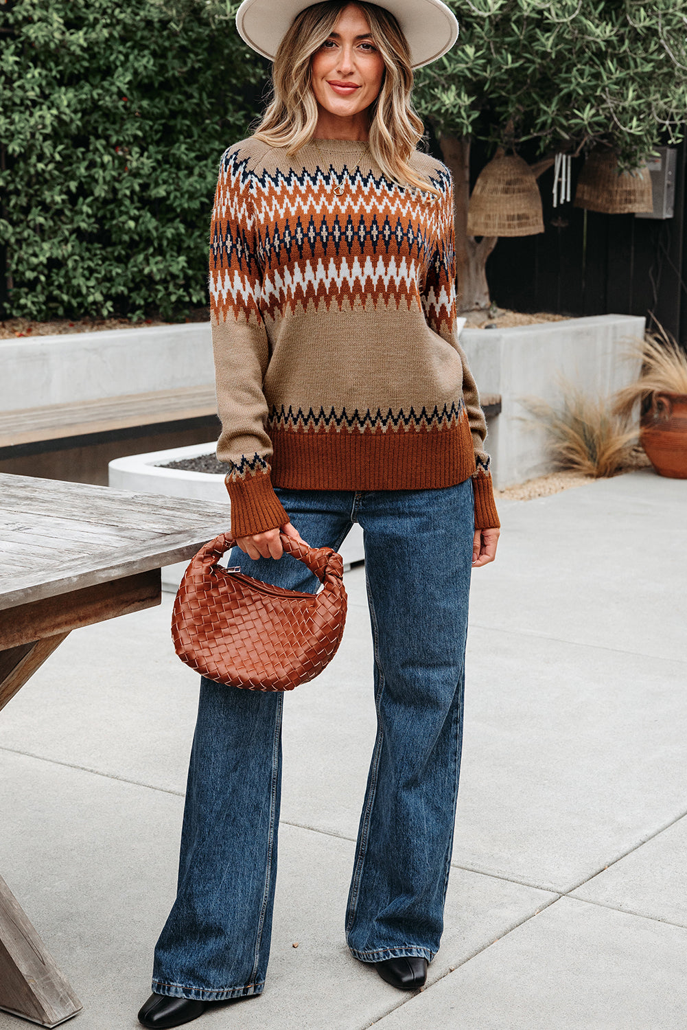 Western Aztec Geometric Colorblock Crewneck Sweater