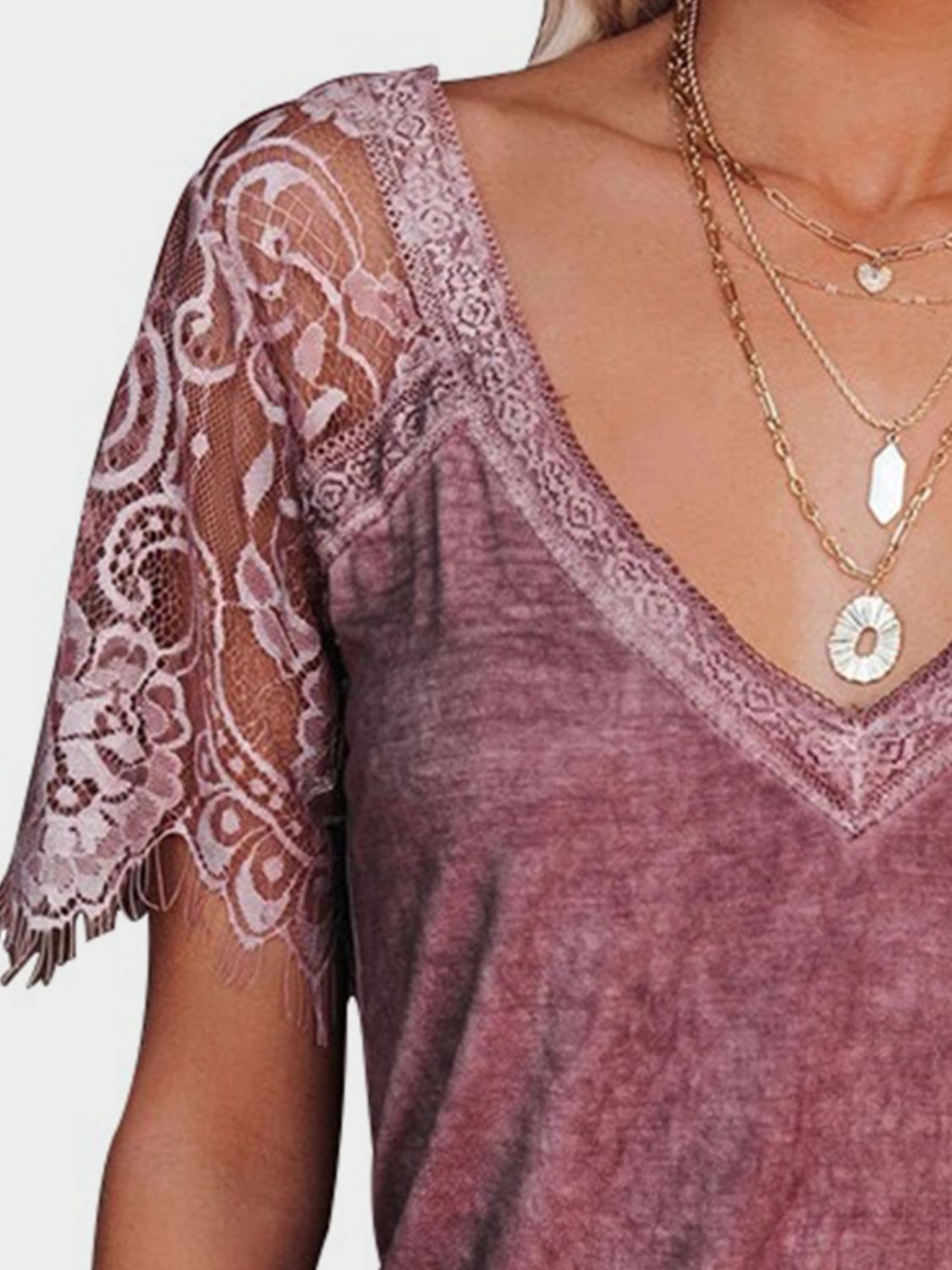 Lace Patchwork V-Neck Short Sleeve T-Shirt choice of colors