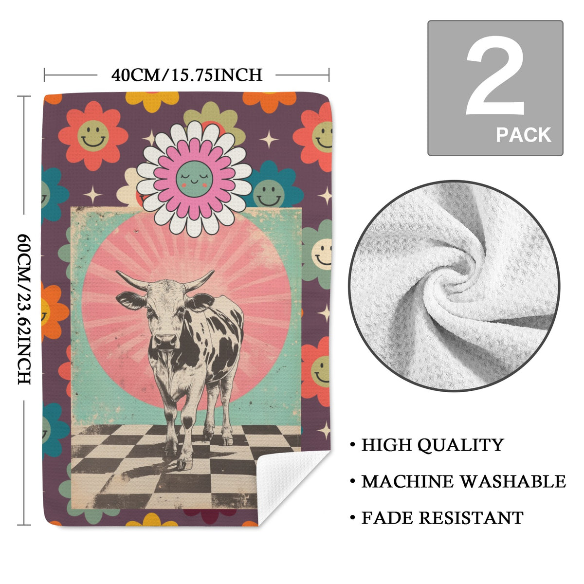 Baha Ranch Checkered Cows set of 2 Kitchen Towels Made in America