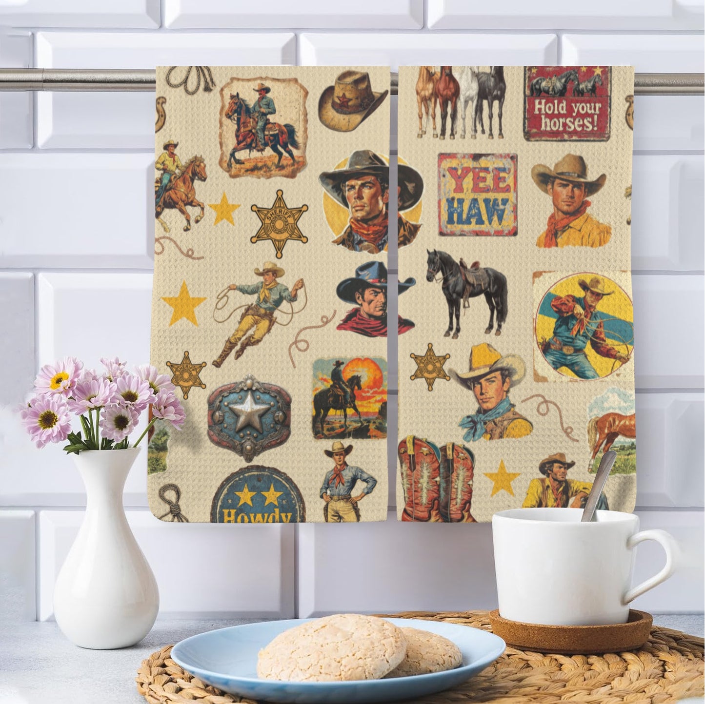Vintage Cowboy Collage Set of 2 Dish Towels Made in America