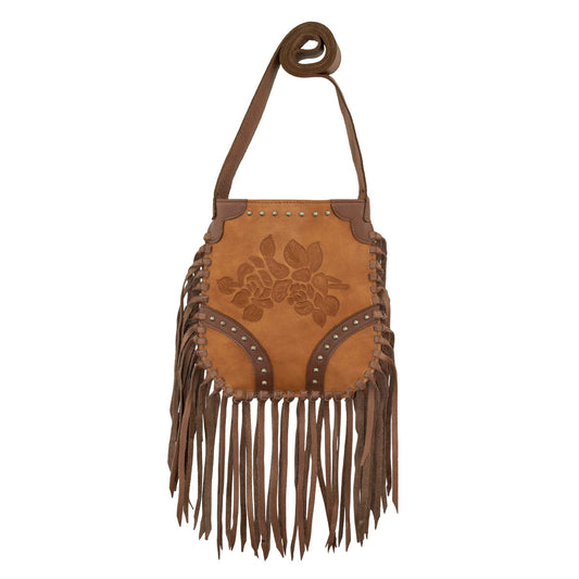 American West Handbags Leather Fringed Cowgirl Crossbody w/ Hand Tooled Rose