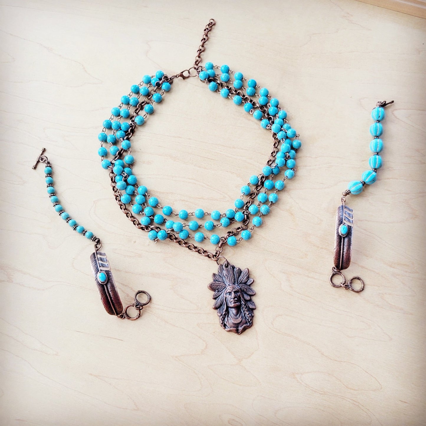 The Jewelry Junkie **Blue Melon Turquoise Beaded Bracelet on Copper Feather 810u