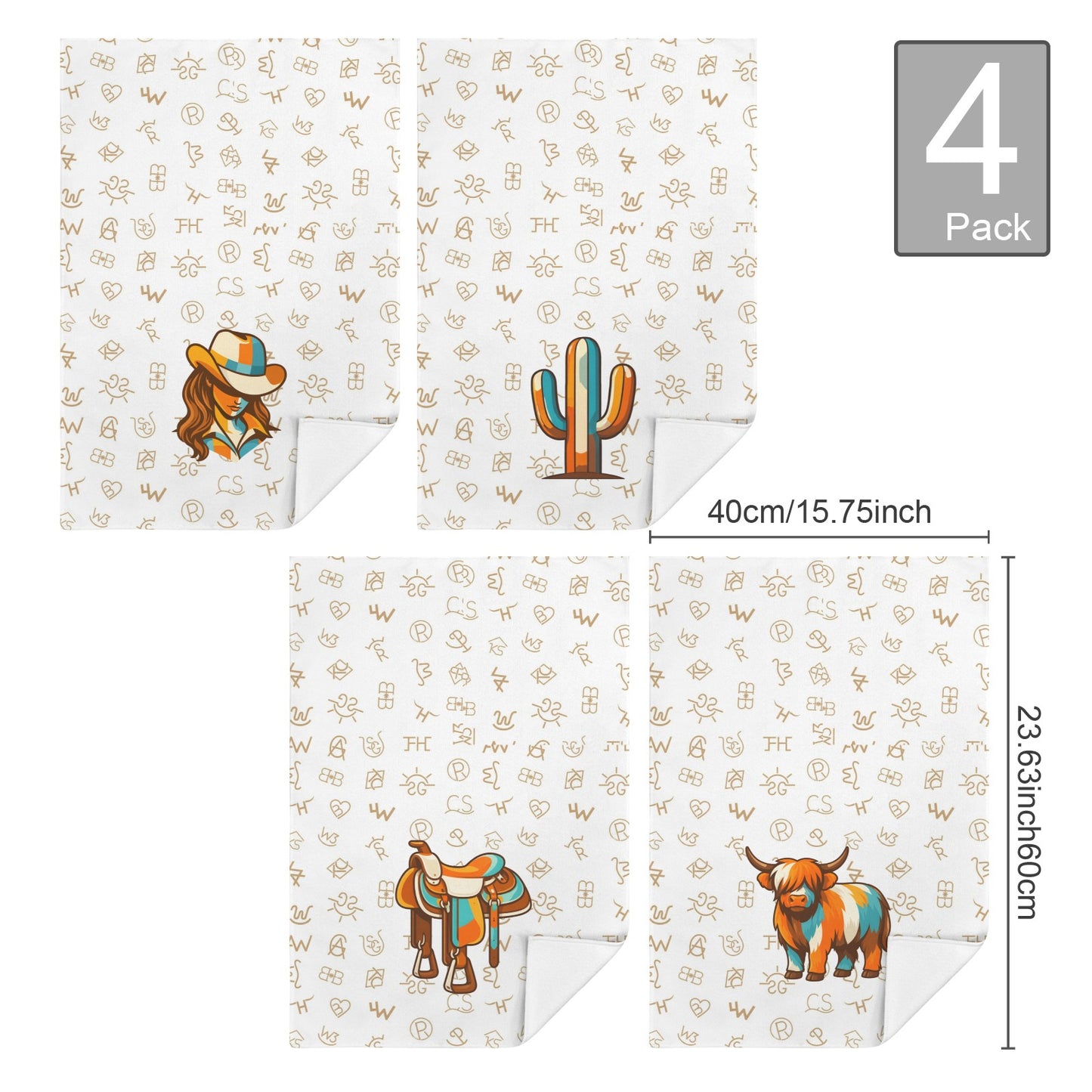 Set of 4 Minimalistic Western Highland Cow Cattle Brands Kitchen Towels Made in America