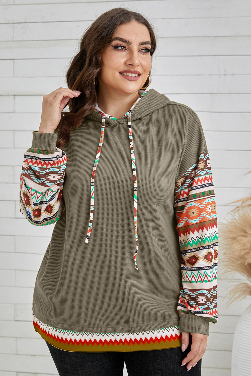 Plus Size Waffle-Knit Aztec Dropped Shoulder Hoodie