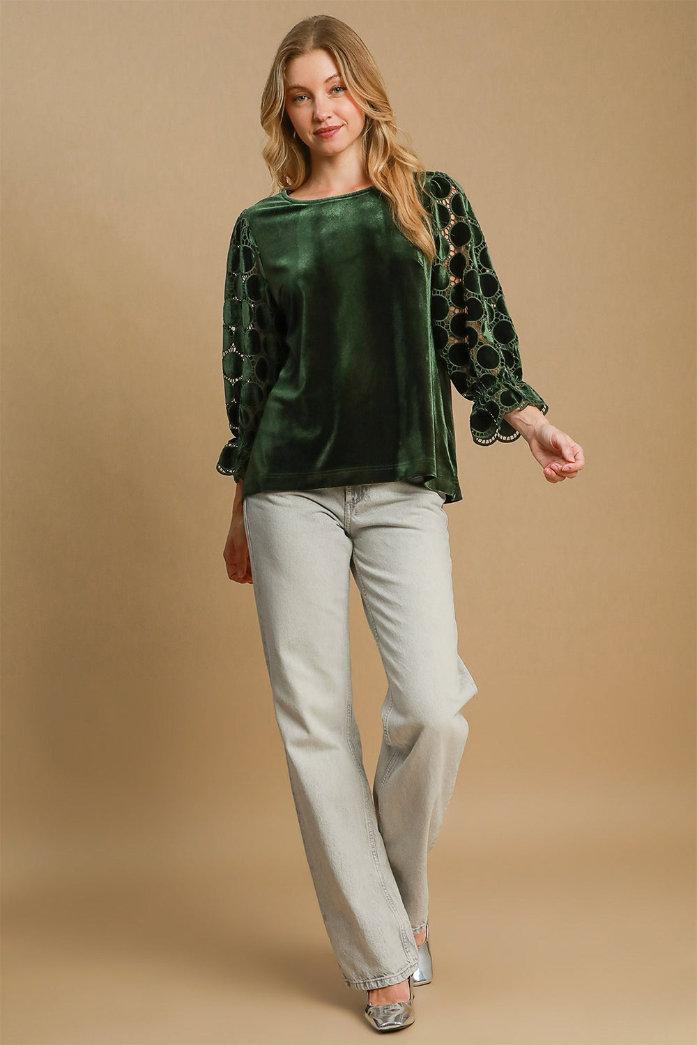 Umgee Velvet Polka Dot Lace Long Sleeve Round Neck Blouse