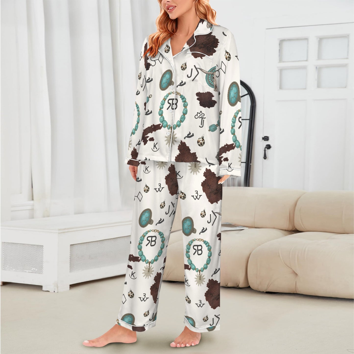Brands & Turquoise Cowgirl Christmas Western Cowprint Satin Pajamas