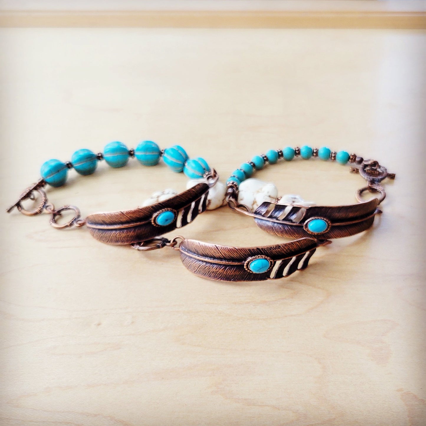 The Jewelry Junkie **Blue Melon Turquoise Beaded Bracelet on Copper Feather 810u