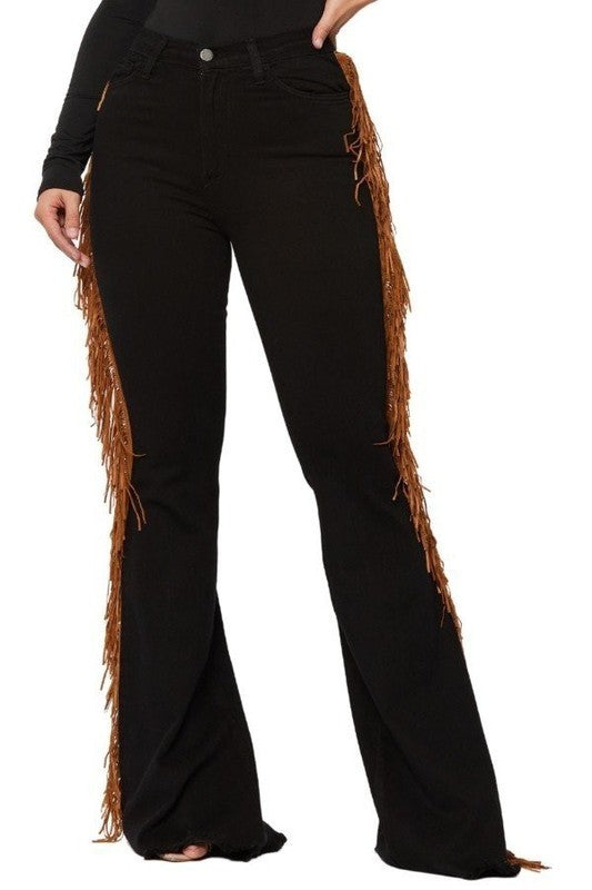 Fringe Bell Bottom Jean in Black- Inseam 32"