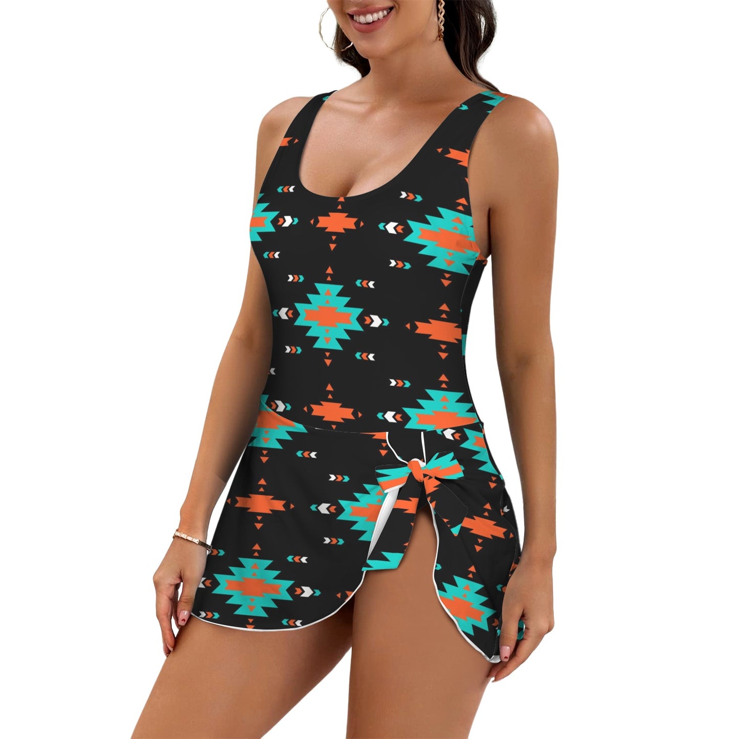 Turquoise Orange Aztec Skirted Swimsuit