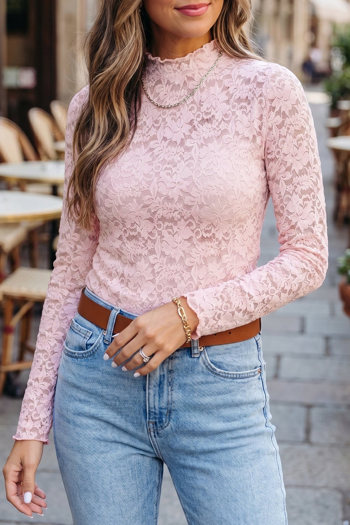 Floral Lace Long Sleeve Stand Neck Pullover Top