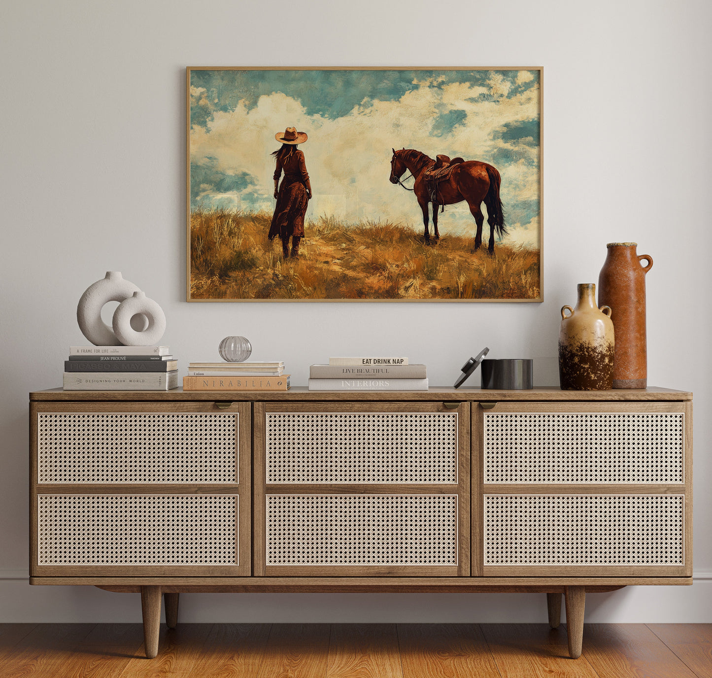 Cowgirl and Horse Under Big Sky