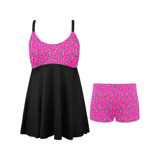 Pink Lightning Bolt Swim Dress & Shorts Set