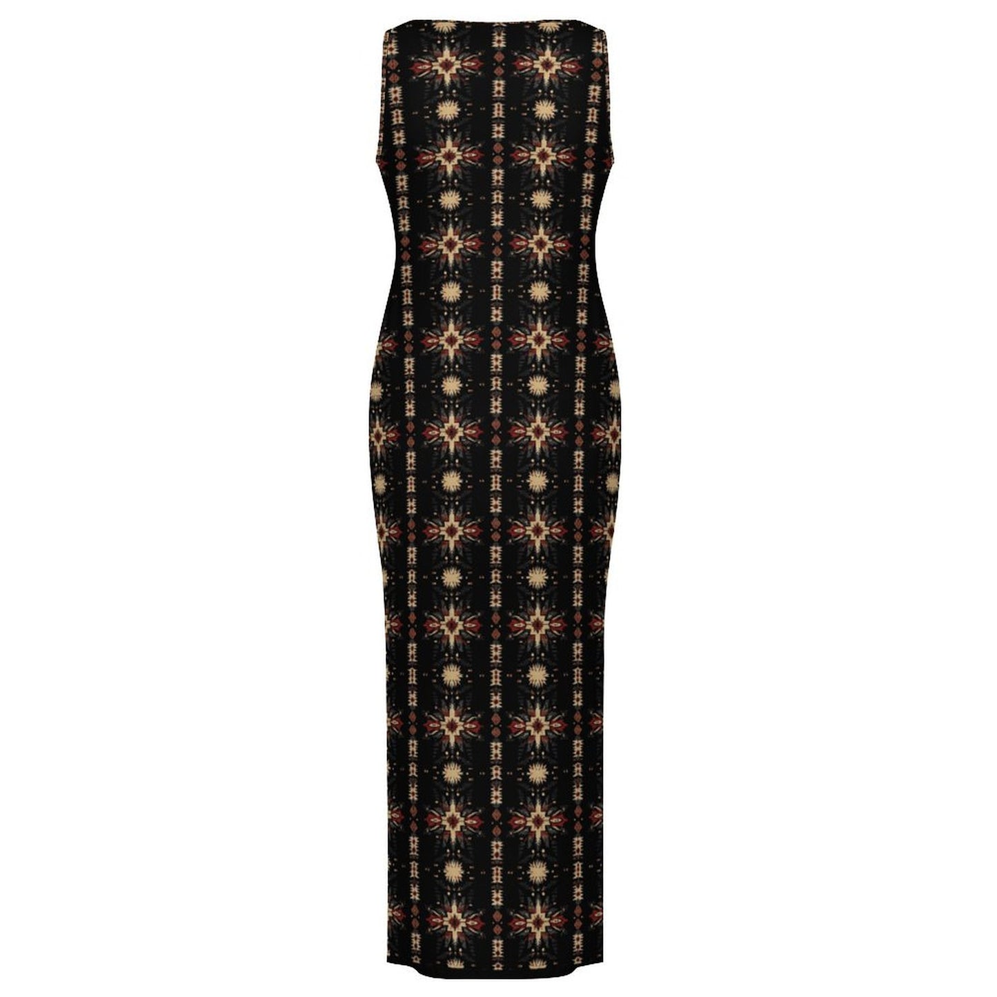 Black and Tan Aztec Sleeveless Bodycon Side Slit Maxi Dress