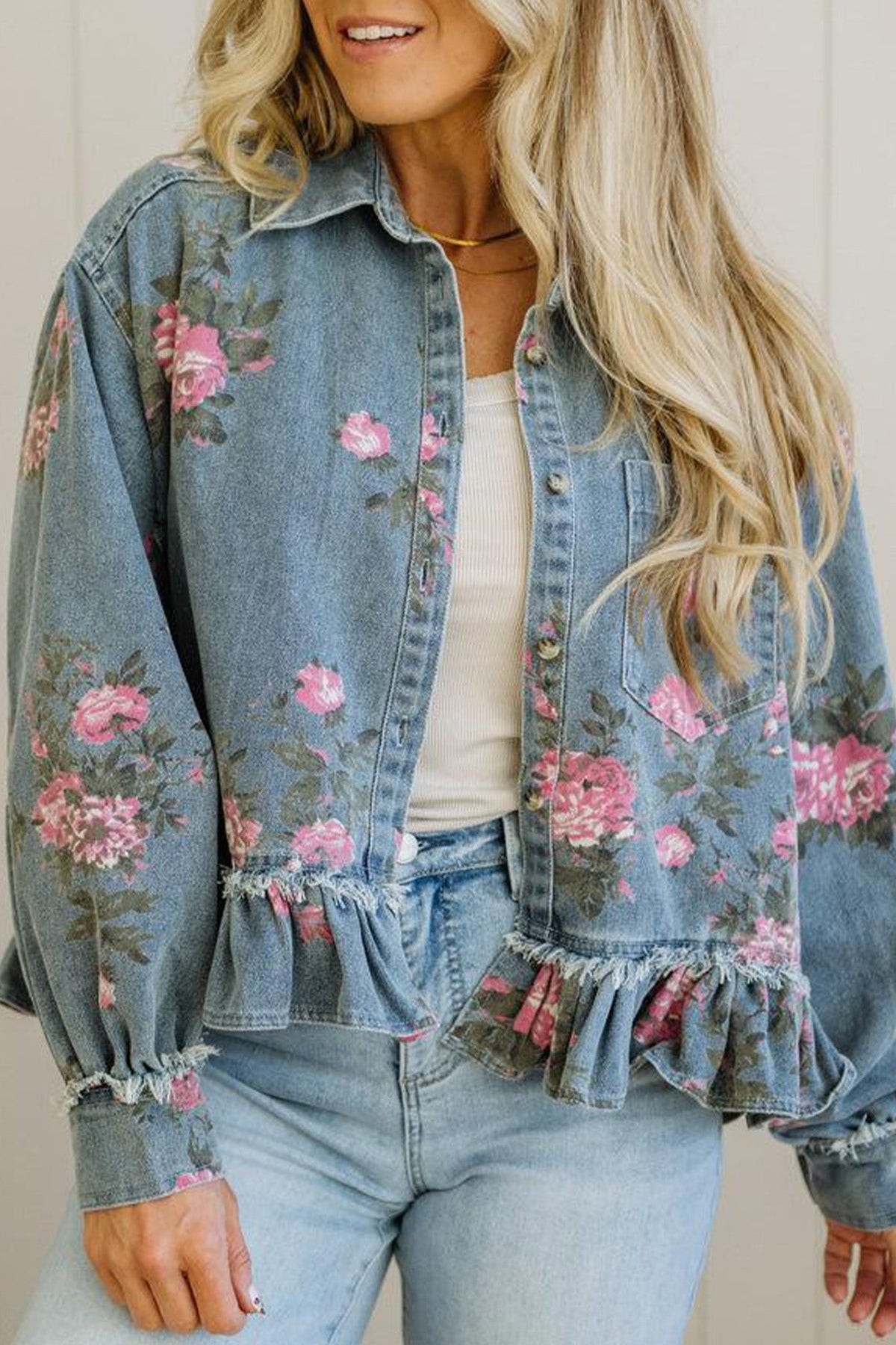 Floral Denim Raw Seam Ruffle Hem Jacket