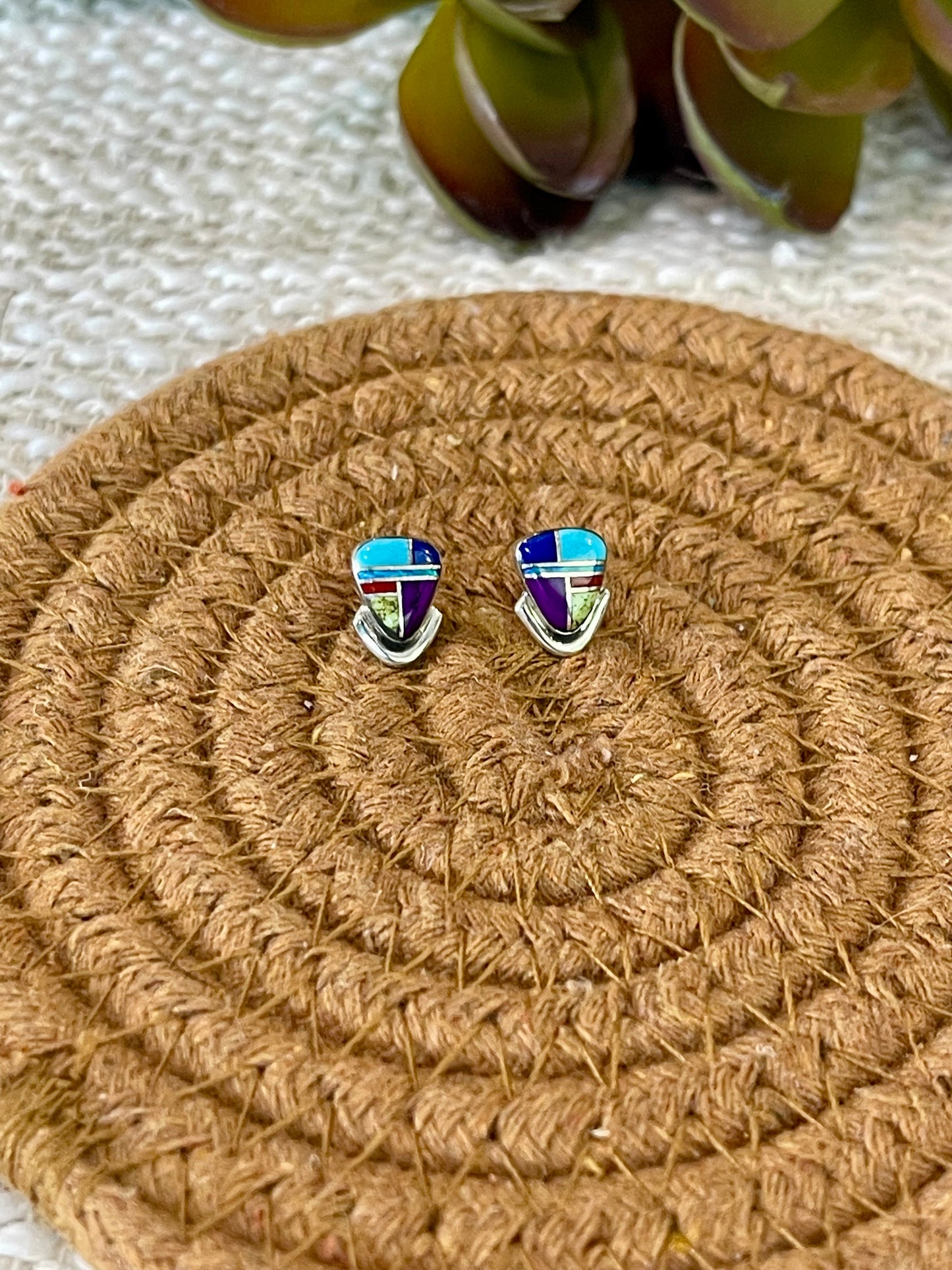 Beautiful Handmade Sterling Silver & Multi Stone Inlay Stud Earrings