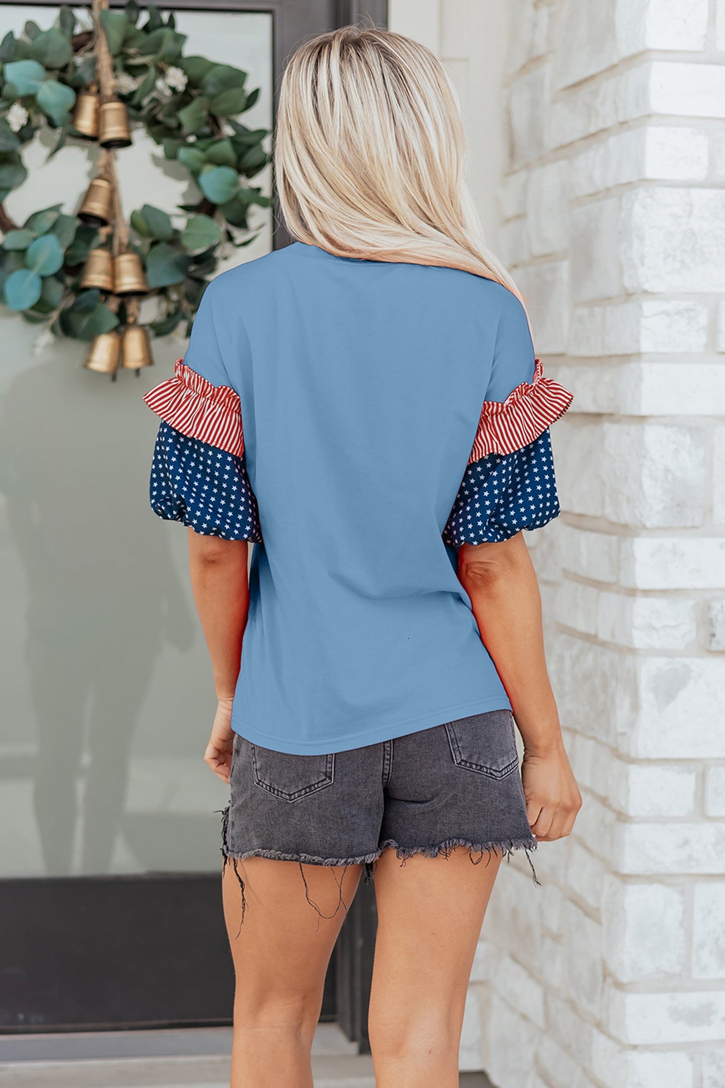 Stars & Stripe Patchwork Short Puff Sleeve Top choice of colors
