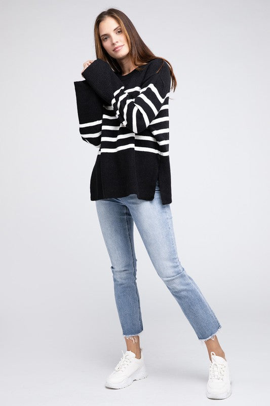 Ribbed Hem Stripe Sweater Rust or Black