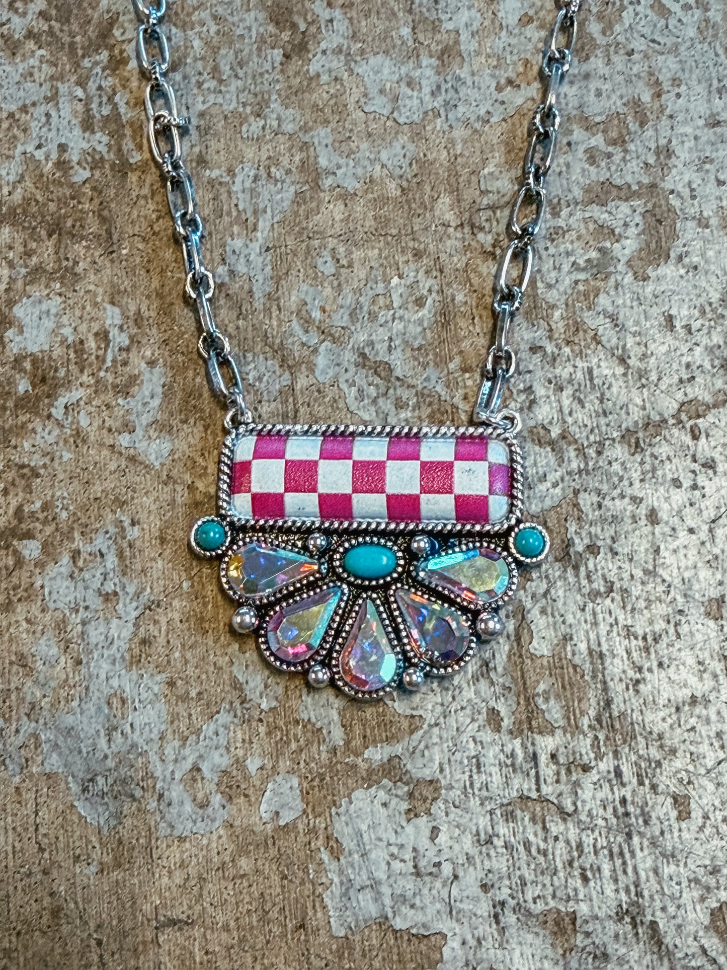 Pink Checkered Crystal Fan Pendant Necklace – Turquoise Accent Western Glam Necklace
