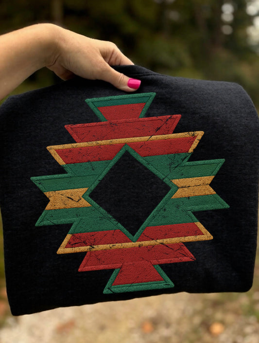 Retro Aztec Christmas Colors Western Graphic Shirt – Graphic Tee, Long Sleeve & Crewneck