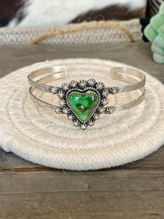 Handmade Sterling Silver Sonoran Gold Turquoise Adjustable Heart Cuff