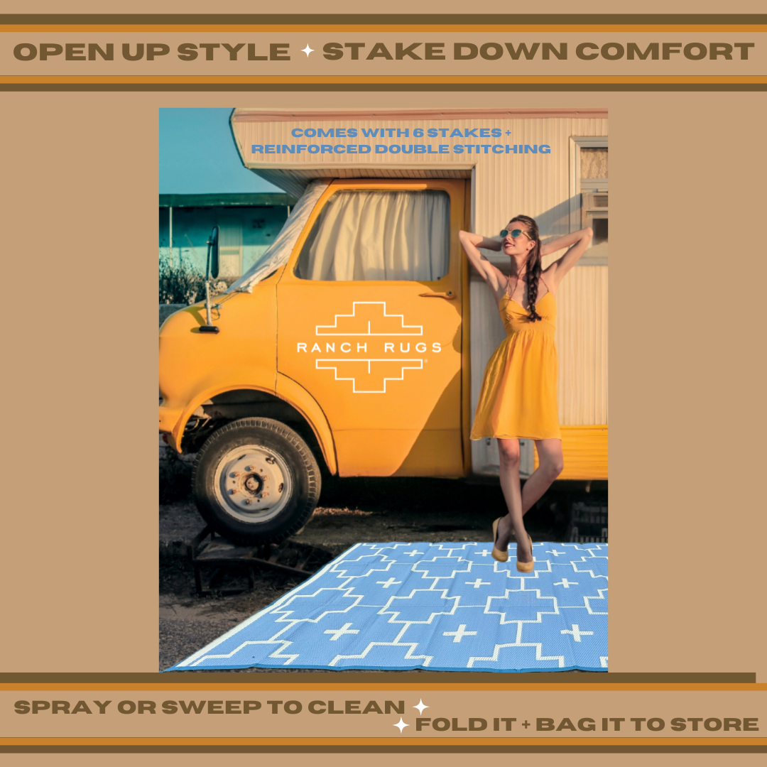 BLUE + IVORY - 6ft x 9ft - RANCH RUGS  -LAJITAS DESIGN- Aztec Outdoor Floor Covering