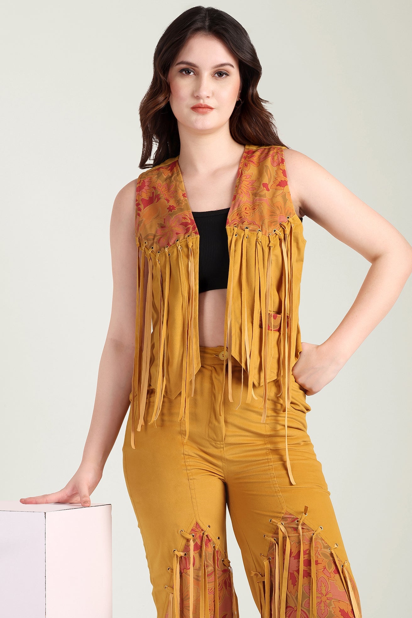 Myra The Jolene Fringe Two Piece Set in Saddle Gold