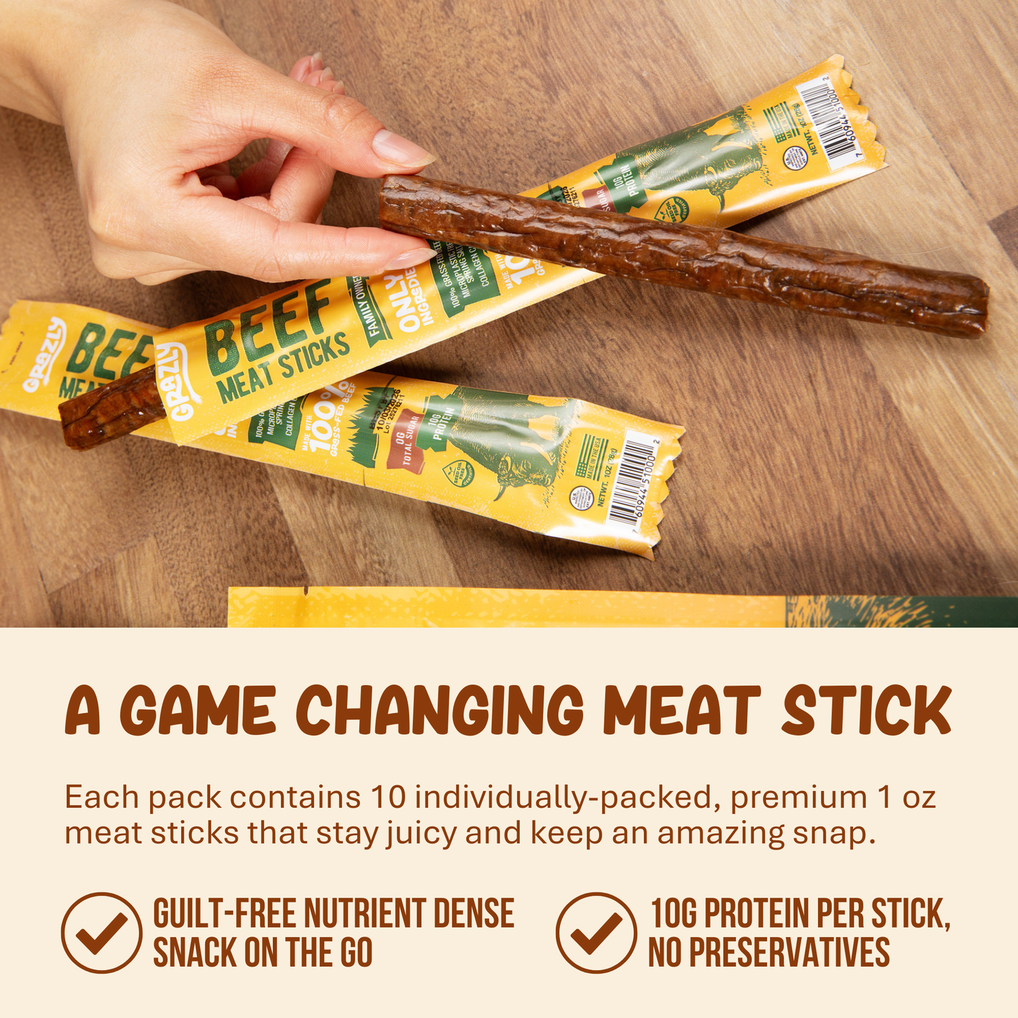 Grazly Plain Beef Meat Sticks - 100% Grass-Fed & Finished