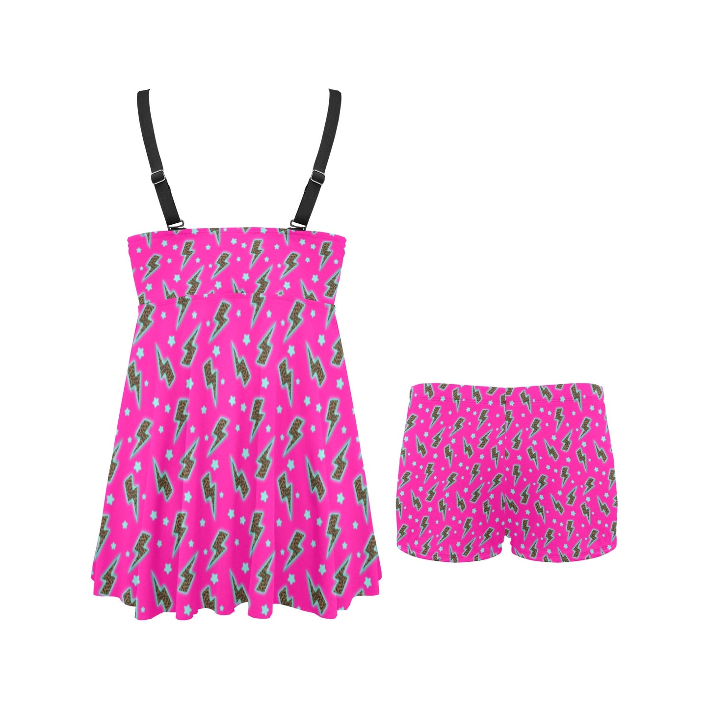 Pink Lightning Bolt Swim Dress & Shorts Set