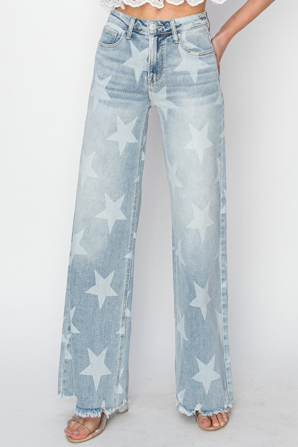 Limited Sizes Left !RISEN Full Size Raw Hem Star Wide Leg Jeans