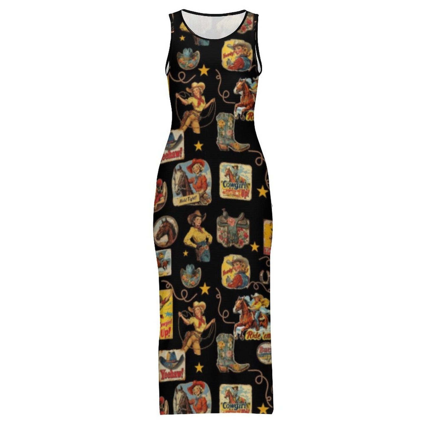 Baha Ranch Vintage Cowgirl Collage Sleeveless Bodycon Side Slit Long Dress